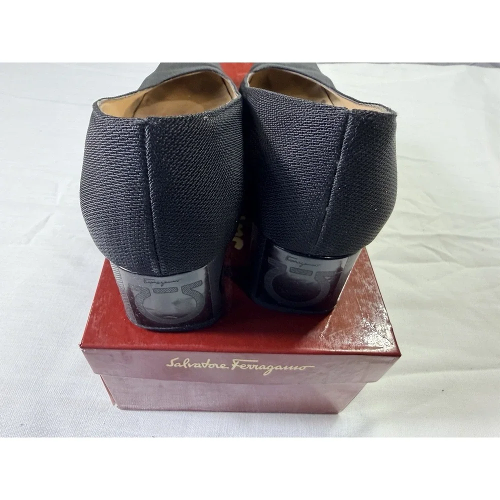 Vintage Ferragamo Fabric Pumps Black Square Toe Heels Italy 7 B Tours
